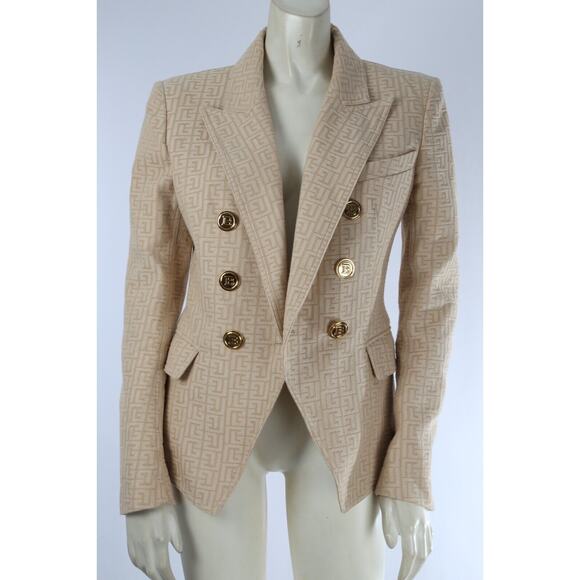 Balmain Beige Logo Jacquard Cotton Twill Double Breasted Blazer Jacket Size 40 - Picture 7 of 16